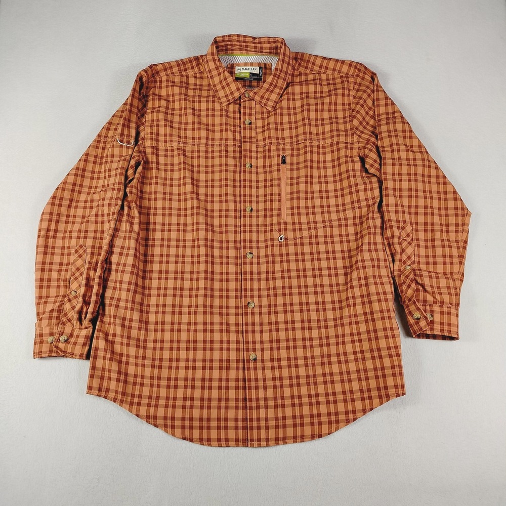 Magellan Outdoors Shirt Mens Large Orange Plaid Fishing Button Mesh Lined Vented